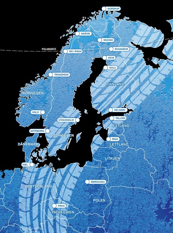 Streckenkarte der Rallye 8000 Lofoten · Nordkap · Lappland 2028: Kiel – Norwegen – Lofoten – Nordkap – Lappland – Polen
